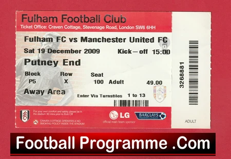 Fulham v Manchester United 2009 - Football Ticket - Image 2