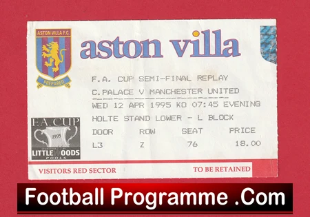 Crystal Palace v Manchester United 1995 - FA Cup Semi Final Replay Ticket (Copy) - Image 2