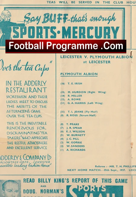 Leicester Rugby v Plymouth Albion 1937 - 1930s Rugby Programme - Image 4
