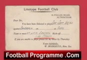 Linotype Football Club Team Official Players Selection Card 1950 (Copy)