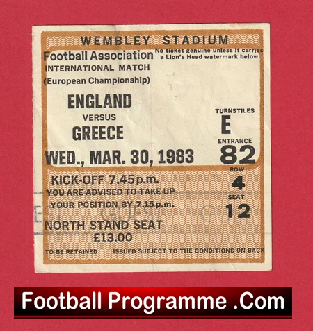 England v Greece 1983 - Match Ticket - Image 2