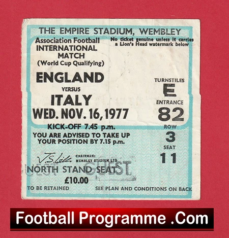 England v Italy 1977 - Football Match Ticket - Image 2