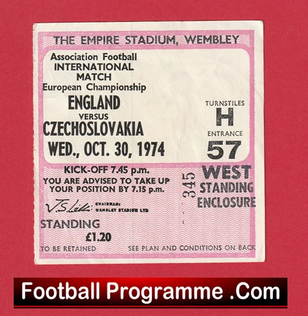 England v Czechoslovakia 1974 - Football Match Ticket - Image 2