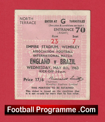 England v Brazil 1963 - Football Match Ticket - Image 2