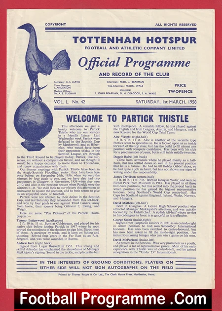 Tottenham Hotspur v Partick Thistle 1958 - Friendly Match - Image 2