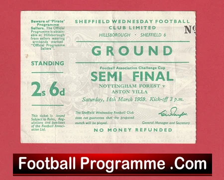Aston Villa v Nottingham Forest 1959 FA Cup Semi Final Signed + Ticket - Image 6