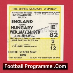 England v Hungary 1978 - Football Match Ticket - football memorabilia