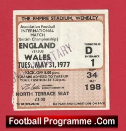 England v Wales 1977 - Football Match Ticket - football memorabilia