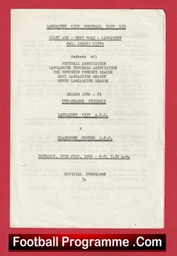 Lancaster City v Blackburn Rovers 1980 - Pre Season Friendly - football programme