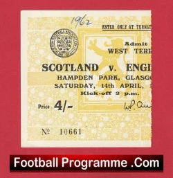 Scotland v England 1962 - Football Ticket - football memorabilia