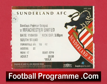 Sunderland v Manchester United 2009 - Football Ticket - Image 2
