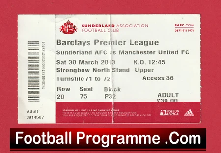 Sunderland v Manchester United 2013 - Football Ticket - Image 2