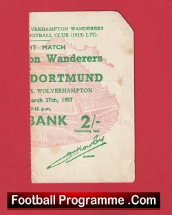 Wolves Wolverhampton Wanderers v Borussia Dortmund 1957 - Match Ticket - football memorabilia