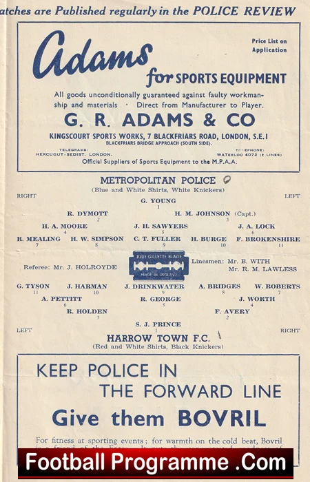 Harrow Town v Metropolitan Police 1949 - Met Police Ditton - Image 3