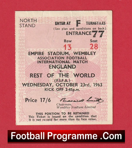 England v Rest Of The World 1963 - Football Ticket Bobby Charlton - Image 2