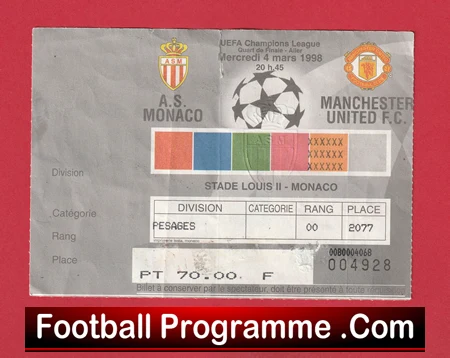 Monaco v Manchester United 1998 - Match Ticket - Image 2