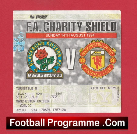 Manchester United v Blackburn Rovers 1994 Charity Shield Ticket - Image 2