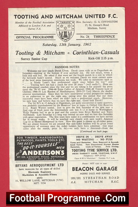 Tooting Mitcham United v Corinthian Casuals 1962 - Surrey Senior Cup - Image 2