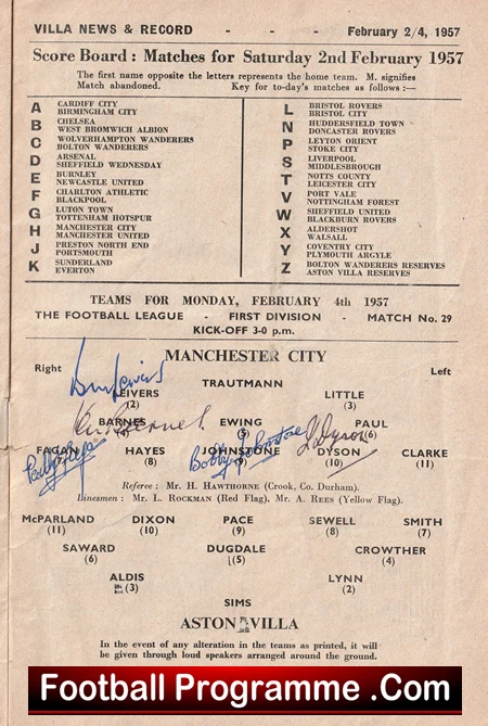 Aston Villa v Manchester City 1957 - Multi Autographed Signed - Image 4