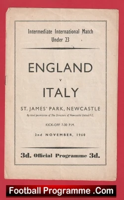 England v Italy 1960 - U23 at Newcastle Bobby Moore Debut Bobby Charlton - football programme