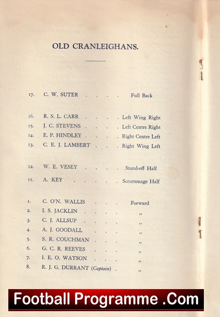 Old Cranleighans v International XV 1937 - 1930s Rugby Programme - Image 3