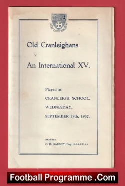 Old Cranleighans v International XV 1937 - 1930s Rugby Programme - rugby programme