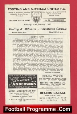 Tooting Mitcham United v Corinthian Casuals 1962 - Surrey Senior Cup - football programme