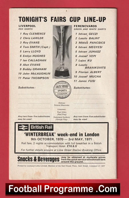 Liverpool v Ferencvaros 1970 - Fairs Cup Football Programme - Image 3