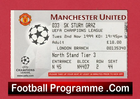 Manchester United v Sturm Graz 1999 - Match Ticket - Image 2