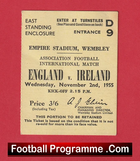 England v Ireland 1955 - Football Ticket 1950's - Image 2