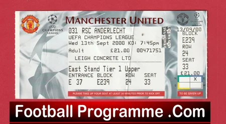 Manchester United v Anderlecht 2000 - Football Ticket - Image 2