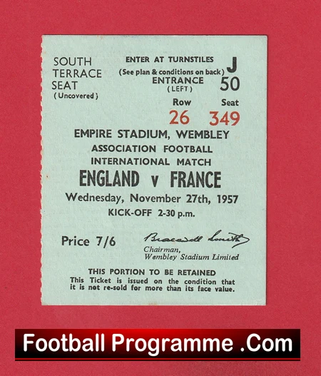 England v France 1957 - Football Ticket Duncan Edwards Last Game - Image 2