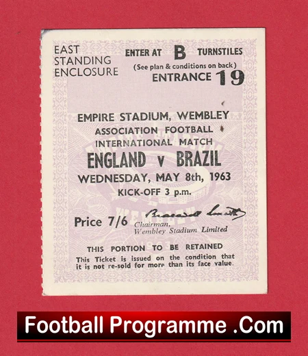 England v Brazil 1963 - Old Football Ticket - Image 2