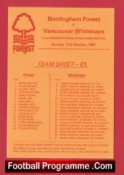 Nottingham Forest  v Vancouver Whitecaps 1981 Team Sheet