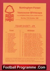 Nottingham Forest  v Vancouver Whitecaps 1981 Team Sheet