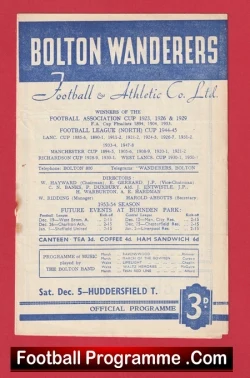 Bolton Wanderers v Huddersfield Town 1953 - football programme