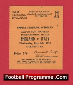 England v Italy 1959 - Match Ticket - football memorabilia