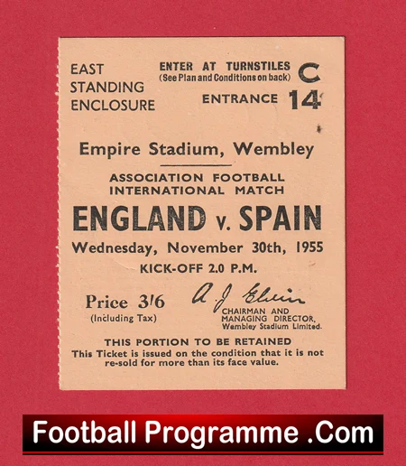 England v Spain 1955 - Football Ticket - Image 2
