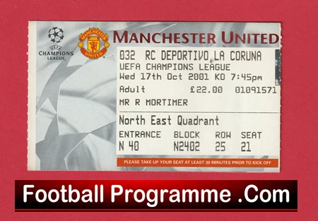Manchester United v Deportivo La Coruna 2001 - Football Ticket - Image 2