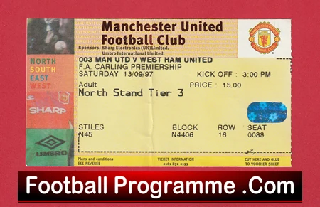 Manchester United v West Ham United 1997 - Match Ticket - Image 2