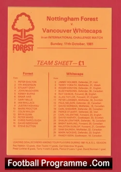 Nottingham Forest  v Vancouver Whitecaps 1981 Team Sheet - football memorabilia