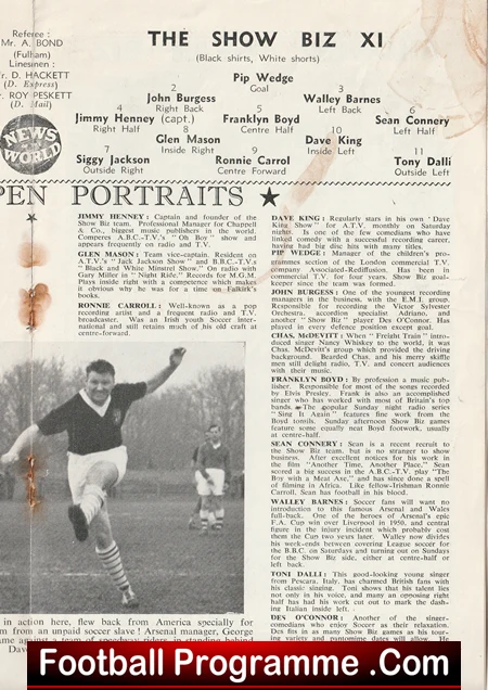 Showbiz XI v Football Writers XI 1960s at QPR Sean Connery - Image 4