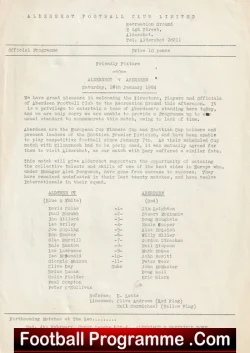 Aldershot v Aberdeen 1984 - Friendly Match - Single Sheet Alex Ferguson