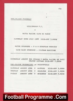 Gillingham v Matra Racing Club De Paris 1988 - Pre Season Friendly - football programme