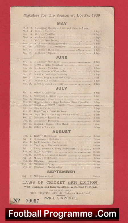 England Cricket v West Indies 1939 - Lords Score Card - Image 3