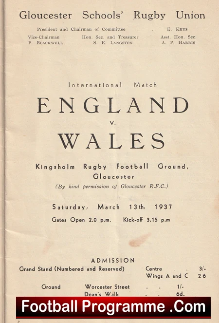 England Rugby v Wales 1937 - 1930s Schoolboys Gloucester - Image 3