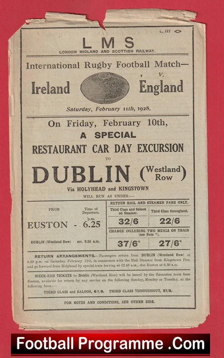 Ireland Rugby v England 1928 - Dublin LMS Poster - Image 2
