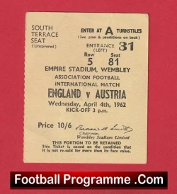 England v Austria 1962 - Football Ticket - football memorabilia