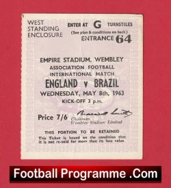 England v Brazil 1963 - Match Ticket - football memorabilia