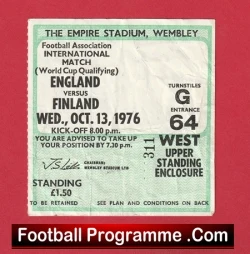 England v Finland 1976 - Football Ticket - football memorabilia